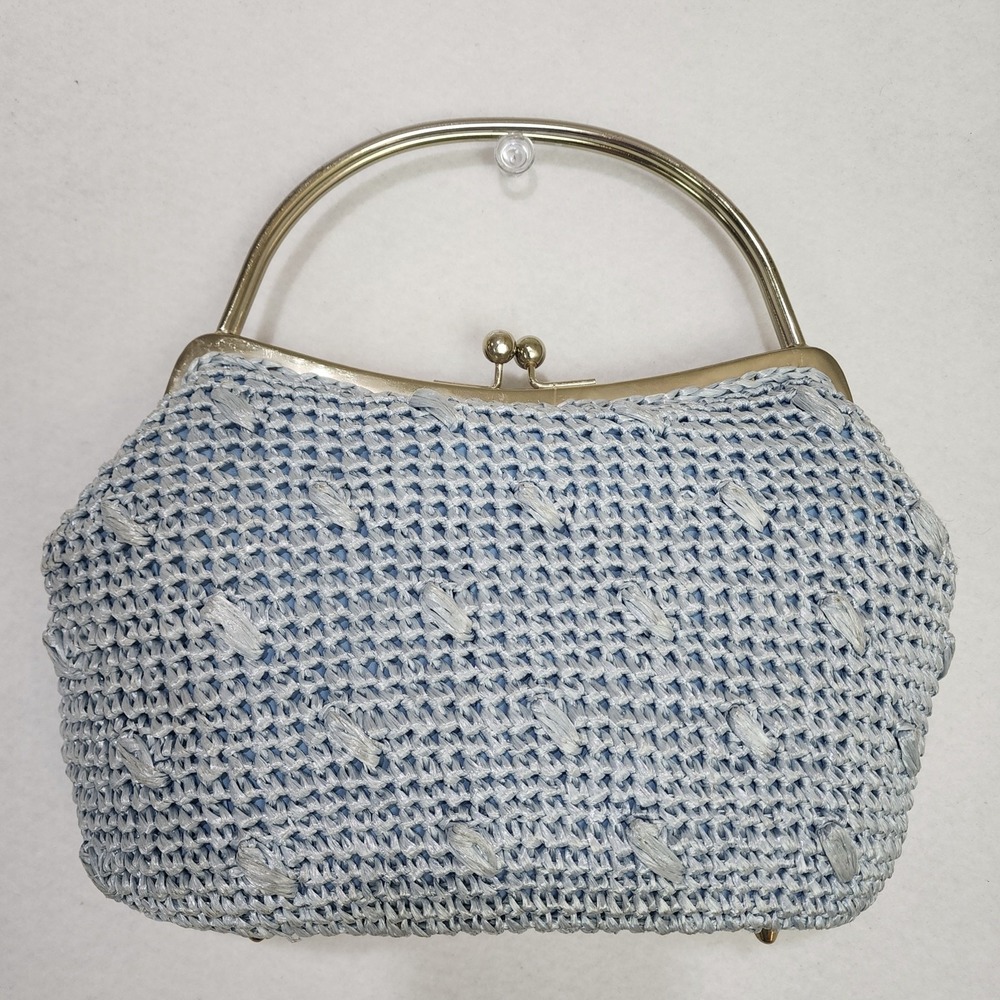 Vintage Gaymode Raffia Clutch Purse Womens Blue Woven Kiss Lock Inner Pocket